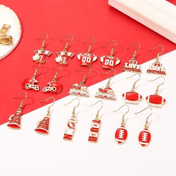 Football Earrings Bulk 9 Pairs Dangle Touch Down Helmet Team Spirit Jewelry - Picture 3 of 6